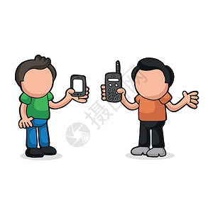 电话手工素材两个男人的矢量手工绘画漫画 展示他们的新旧音响手机朋友们惊喜男性成人伙计插图技术商务互联网插画