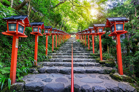 射树灯日本京都Kifune神庙的红色传统灯杆背景