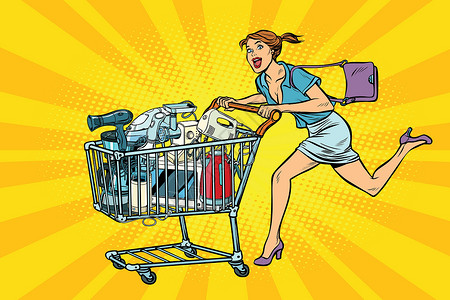 流行网络用语妇女出售家用电器 购物车店小轿车插画
