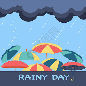 雨季背景 云 雨滴和雨伞卡通片季节天空天气传单风暴横幅海报季风雨量背景图片