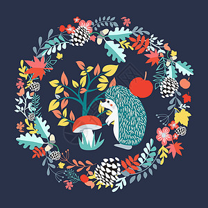 动物圆形素材可爱的背景与刺猬和秋天的森林设置插图设计图片