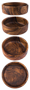 白色背景上孤立的空木板碗餐具包装用具盘子杯子沙锅乡村烹饪棕色圆形背景图片