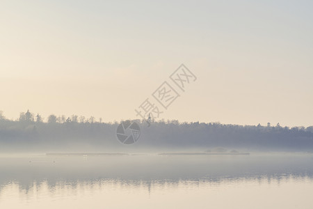 清晨在一片宁静的湖边飘着迷雾高清图片