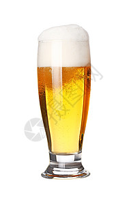 特写一个白色的冷冻啤酒玻璃杯饮料黄色琥珀色背光酿造泡沫状玻璃泡沫酒精背景图片
