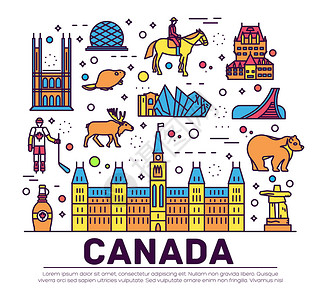 加拿大地图国家地区加拿大旅游度假信息图表的地点和特征 集建筑 时尚 人物 物品 自然背景概念于一体 信息图表传统民族平面 轮廓 细线图标旅插画