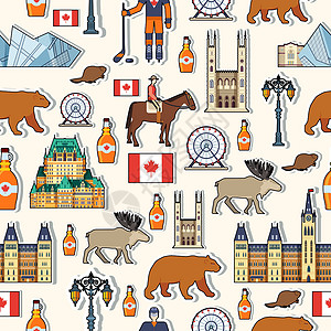 国家动物博物馆国家/地区加拿大旅游度假指南的商品和功能 建筑时尚人物项目自然背景概念的无缝模式 图表模板设计设计图片