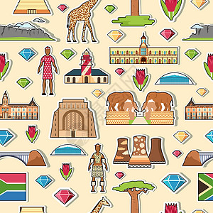 南非设计素材国家/地区南非旅游度假胜地和特色贴纸 集建筑 时尚 人物 物品 自然背景概念于一体 无缝的信息图表模板设计插画