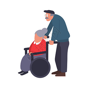老人膝盖散步的成熟夫妇 照顾残疾人 老人背着一位坐在轮椅上的老妇人 老年夫妇的卡通矢量插图插画