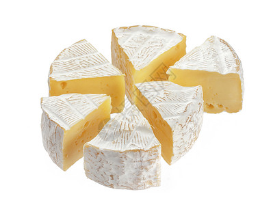 在白色背景上隔离的咖啡薄饼奶酪片段小吃奶制品模具圆形黄色牛奶背景图片