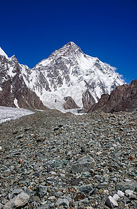 科迪亚姆K2和巴基斯坦卡拉科鲁姆山Concordia的宽峰K2和Broad Peak风景天空蓝色石头顶峰冰川崎岖旅行日落岩石背景