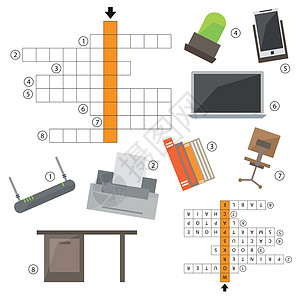 猜词游戏矢量无色填字游戏 儿童教育游戏 关于一套办公项目文档英语桌子幼儿园学校书签打印机商业电脑监视器插画