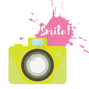 照片样式老式彩色相机 平面样式 飞溅和铭文微笑袖珍软件绘画艺术粉色印迹电影卡片快门淡绿色设计图片