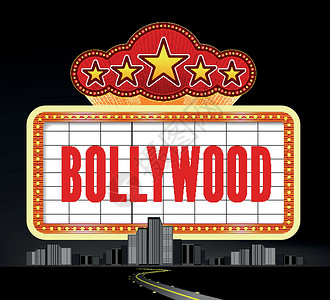 Bollywood是印度传统电影 以marquee 灯光的矢量插图标识艺术框架海报广告牌横幅红色剧院边界木板背景图片