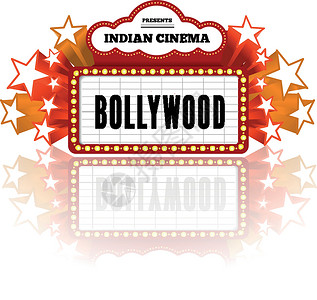 Bollywood是印度传统电影 以marquee 灯光的矢量插图边界节日视频红色框架广告牌海报横幅标识剧院背景图片