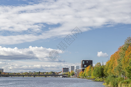 秋天瑞典乌梅奥市下城乌梅黄色城市橙子蓝色天空树木绿色建筑背景图片