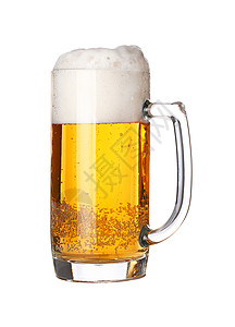 特写一个白色的冷冻啤酒玻璃杯泡沫饮料泡沫状琥珀色茶点黄色背光玻璃酒精背景图片
