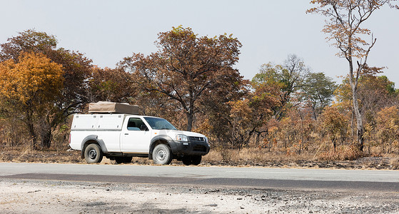 捡起在博茨瓦纳驾驶皮卡车运输红色帐篷沙漠露营者背景