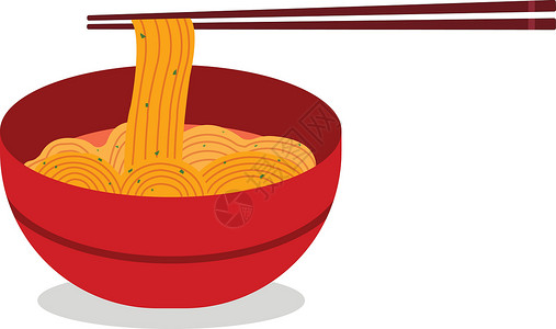 苏州红汤面带红碗矢量的面条餐厅 日本拉面汤面 红碗面条汤配筷子插画