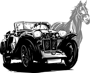 小爱汽车素材有马的汽车 婚礼请柬 复古设计元素插画