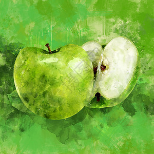 在绿色背景的青苹果 它制作水彩画餐厅甜点美食水彩烹饪果汁收成包装厨房徽章背景图片