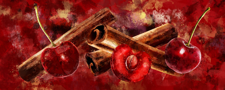 红底水彩肉桂和樱桃包装厨房斑点甜点餐厅绘画食物蜜饯水果收成背景图片