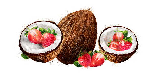 白底水彩椰子和草莓包装餐厅浆果甜点徽章插图烹饪斑点绘画收成背景图片