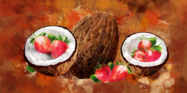 棕色背景的水颜色椰子和草莓水果餐厅食物美食甜点徽章浆果绘画包装烹饪背景图片