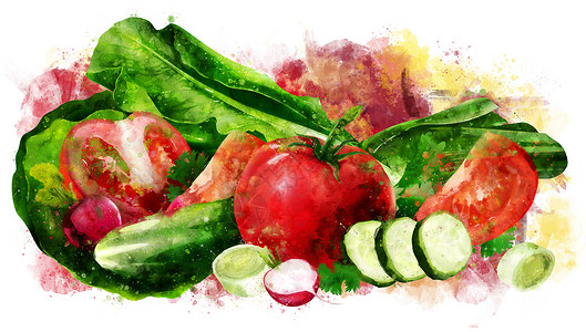 在白色背景的蕃茄黄瓜和沙拉 它制作水彩画收成绘画标签食物甜点包装斑点厨房餐厅广告背景图片