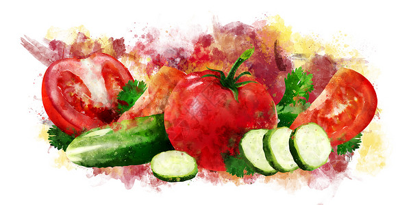 在白色背景的蕃茄黄瓜和沙拉 它制作水彩画水彩厨房广告徽章包装餐厅烹饪甜点标签斑点背景图片