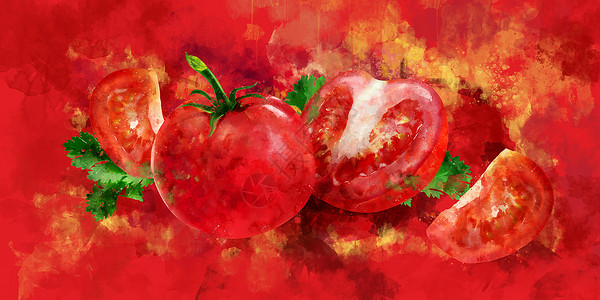 红色背景上的番茄 它制作水彩画烹饪绘画标签甜点水彩生态果汁包装美食蜜饯背景图片