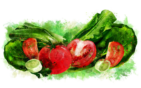在白色背景的蕃茄黄瓜和沙拉 它制作水彩画餐厅插图食物收成生态厨房标签斑点烹饪广告背景图片