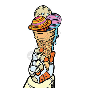 临近宇航员像冰淇淋一样将宇宙握在手中插画