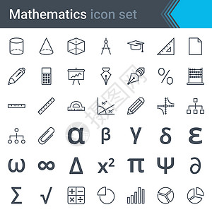 标尺线数学线图标集-算盘 标尺 计算器 图表 pi 三角形 正弦曲线插画