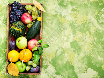 美丽的秋收季节蔬菜托盘收获时间壁球篮子葫芦收藏饮食背景图片