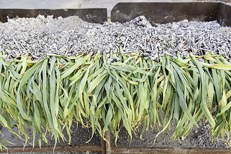 大蒜烤在沸水中草本植物香料烹饪味道紫色平底锅采摘面包木板厨房背景图片