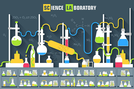 化学实验室背景概念中的复古集科学实验设备 矢量插图设计酒吧灯泡生物学知识管子教育学校物质原子桌子背景图片