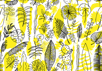 无缝花纹 矢量自然明亮背景树叶黄色插图植物群热带棕榈绘画叶子墙纸情调背景图片