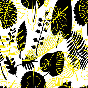 无缝花纹 矢量自然明亮背景插图黄色棕榈热带异国绘画黑色叶子植物群植物背景图片