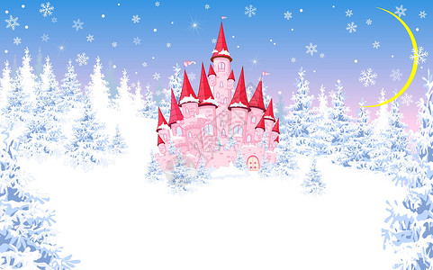 冬季森林背景的粉红城堡降雪童话云杉月亮白色卡通片插图蓝色雪花粉色背景图片