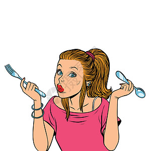 拿着勺子吃西瓜的女孩拿着叉子和勺子的女人设计图片