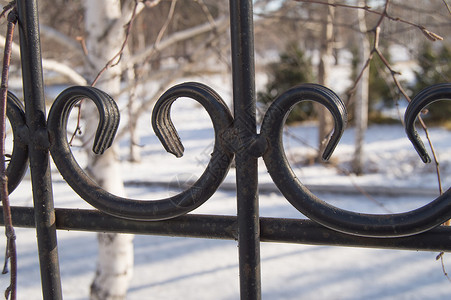 美丽的装饰性铸铁用艺术织造 贴近雪底的铁栅栏 在雪地背景上背景图片