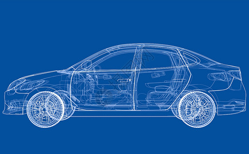概念车  3 的矢量渲染插图轿车数字化家用车草稿货物框架车轮草图技术背景图片