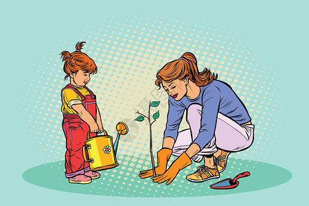 工作母亲母亲和女儿在花园里种苗设计图片