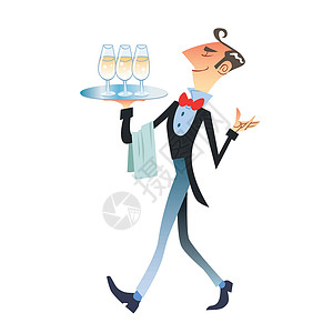 手捧香槟杯服务的男性服务员服务员携带香槟插画