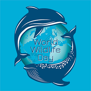 世界野生动物日 地球轮廓背景中的鲸鱼和海豚插画