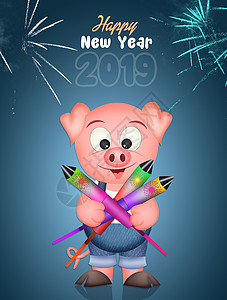 猪年烟花哺乳动物插图庆典粉色文化吉祥物明信片动物新年背景图片