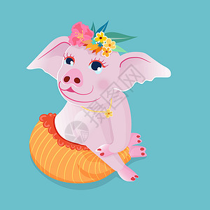 猪圈里的猪可爱的猪在地板上坐着礼貌的态度 穿得漂亮插画