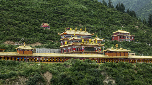 四川金川梨花吉伊寺庙建筑寺庙经幡旅游旅行建筑物建筑学背景