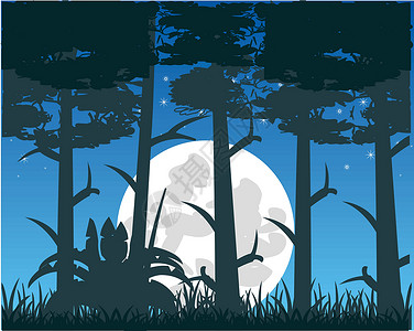 暗木中月亮夜的矢量插图背景图片