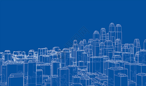 城市景观蓝图线框工程绘画城市3d房子方案建造金属办公室建筑师背景
